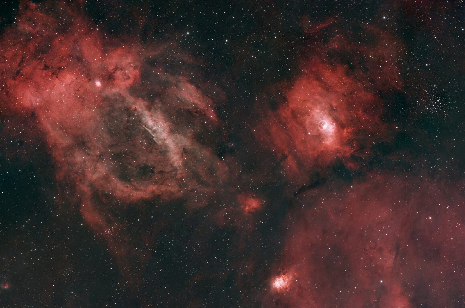 Lobster Claw Nebula (NGC 6357) and Bubble Nebula (NGC 7635) captured in deep-sky astrophotography, showing colourful emission nebulae and surrounding star fields